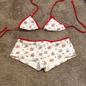 Floral Red-Trim Triangle Bikini Top and Boyshorts Set